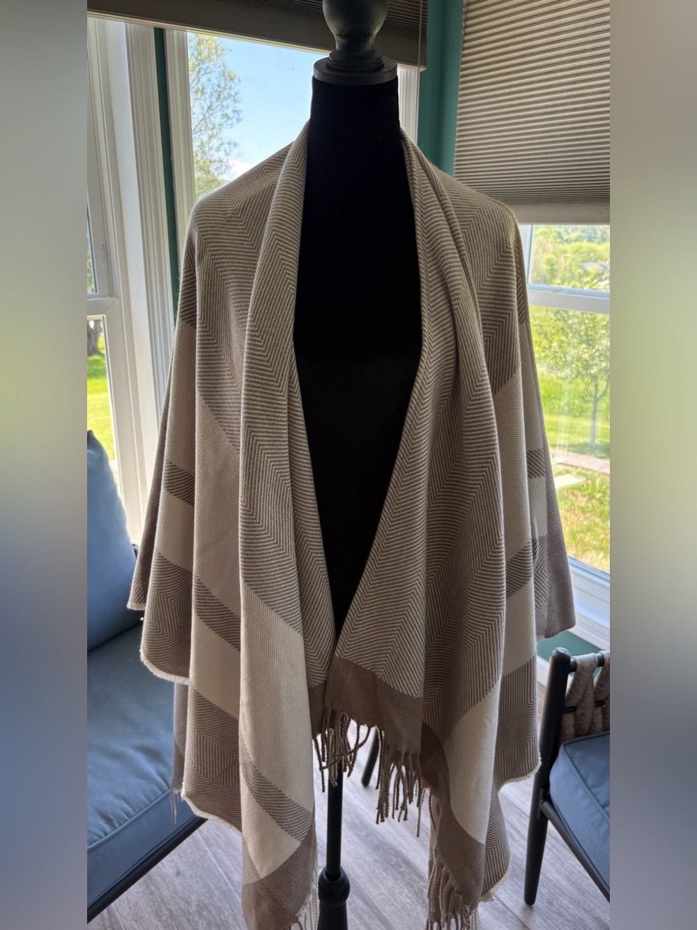 Banana Republic Neutral Taupe & Cream Fringe Poncho Wrap